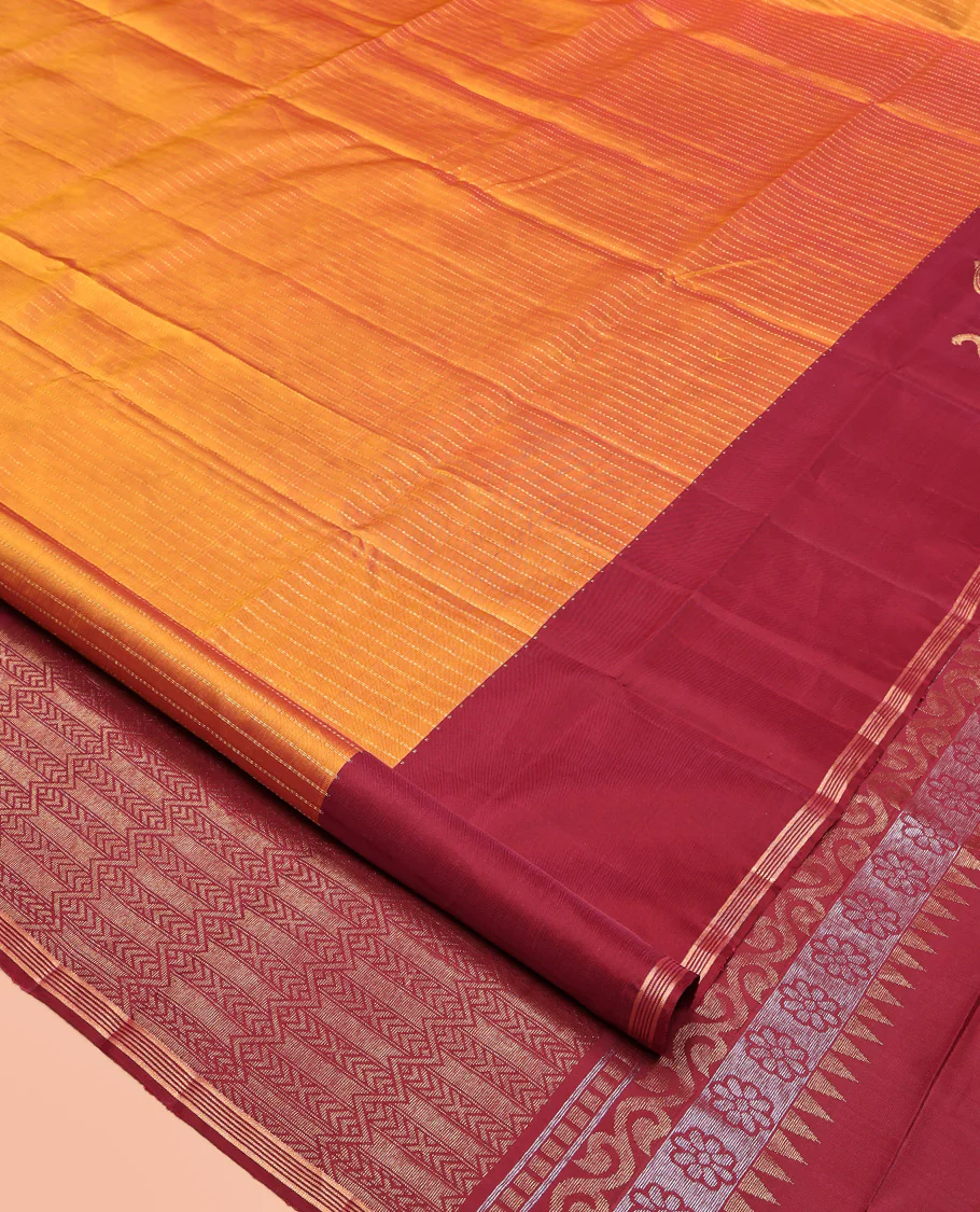 Orange Mayuri Lite Silk Mix Saree, Beautified with Muthu Stripes All Over Its Body, Complemented by a Contrast Border of Yaanai Designs, Pallu of Intricate Designs, and Paired with a Contrast Blouse - Image 2