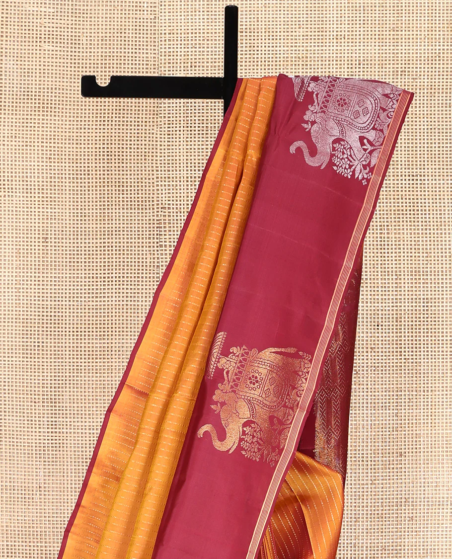 Orange Mayuri Lite Silk Mix Saree, Beautified with Muthu Stripes All Over Its Body, Complemented by a Contrast Border of Yaanai Designs, Pallu of Intricate Designs, and Paired with a Contrast Blouse - Image 3