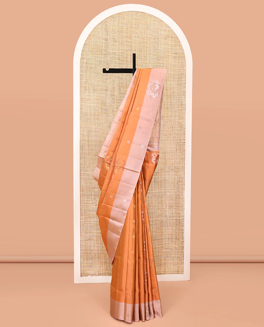 Orange Mayuri Lite Silk Mix Saree, Gleamed Up with Zari Buttas on Its Body, Complemented by a Contrast Border, Pallu of Intricate Designs, and Paired with a Contrast Blouse