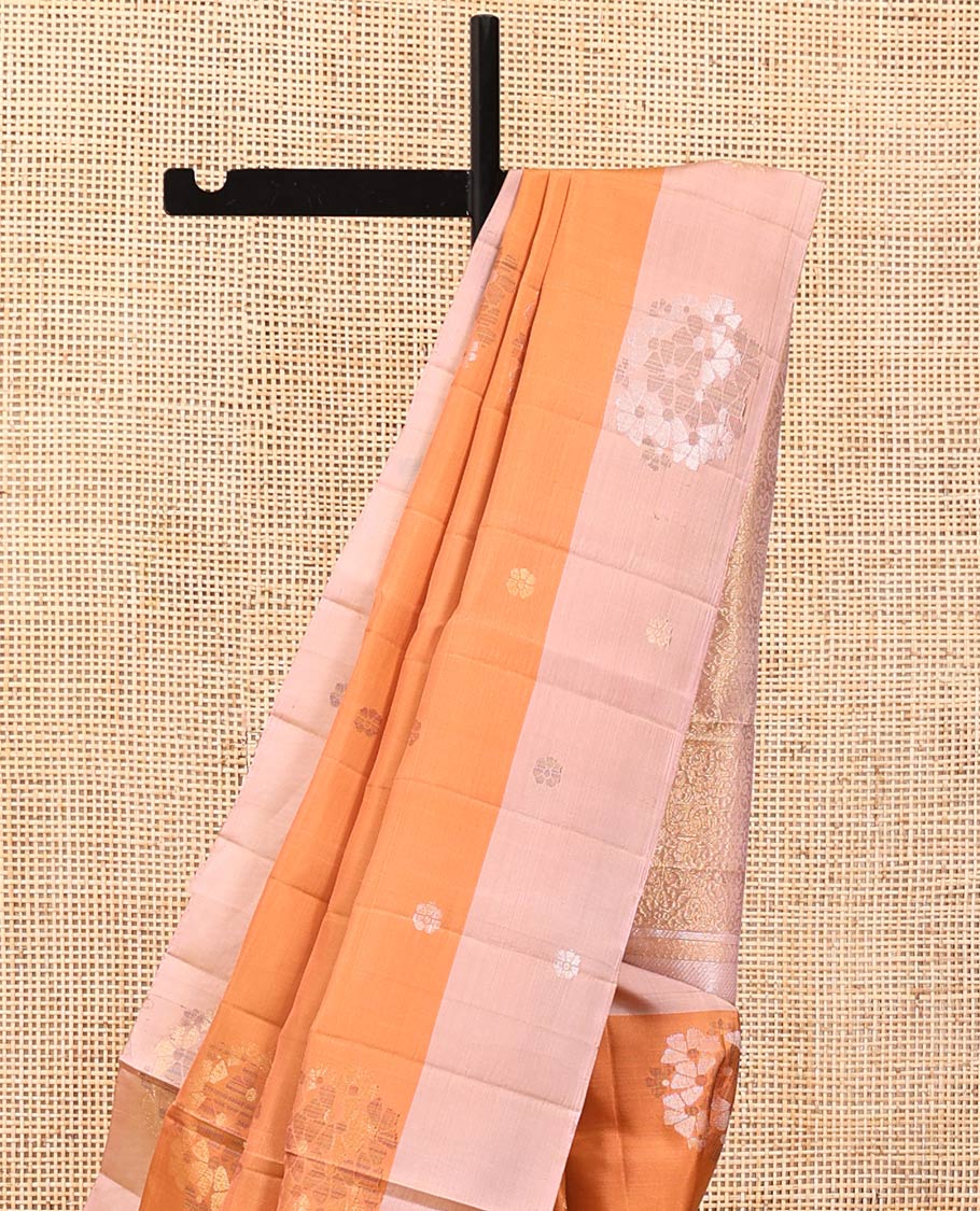 Orange Mayuri Lite Silk Mix Saree, Gleamed Up with Zari Buttas on Its Body, Complemented by a Contrast Border, Pallu of Intricate Designs, and Paired with a Contrast Blouse - Image 3