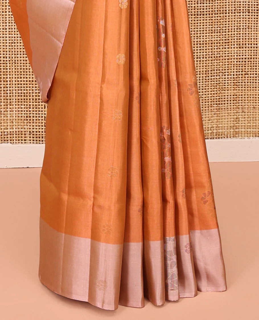 Orange Mayuri Lite Silk Mix Saree, Gleamed Up with Zari Buttas on Its Body, Complemented by a Contrast Border, Pallu of Intricate Designs, and Paired with a Contrast Blouse - Image 4