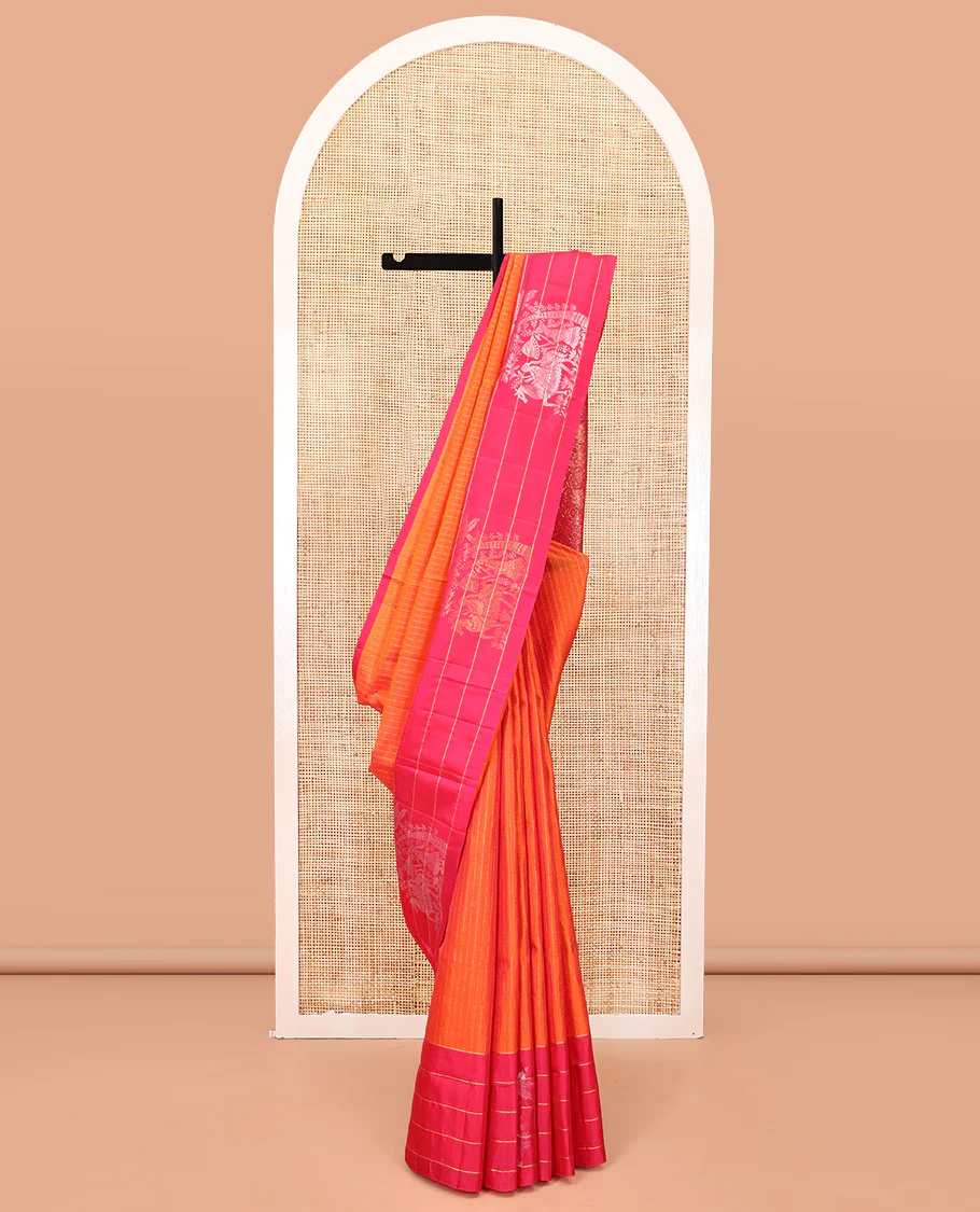 Orange Mayuri Lite Silk Mix Saree, Subtly Woven with Muthu Stripes on Its Body, Complemented by a Contrast Border of Human Figurines, Intricately Designed Pallu, and Paired with a Contrast Blouse