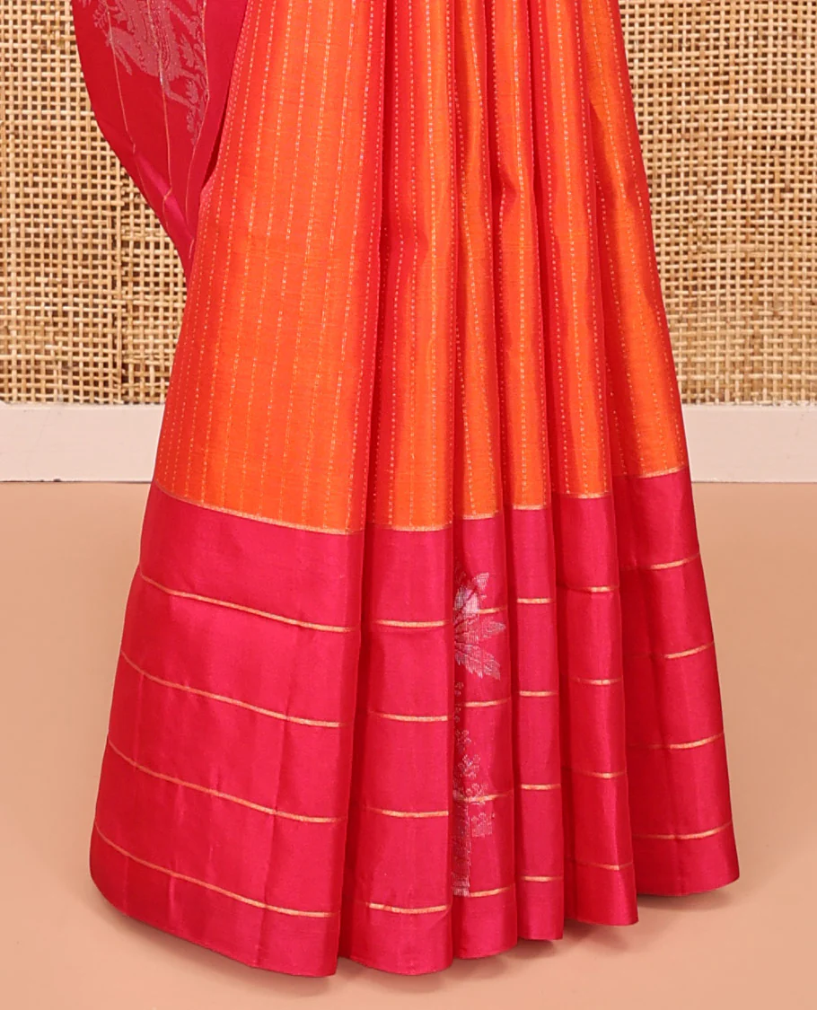 Orange Mayuri Lite Silk Mix Saree, Subtly Woven with Muthu Stripes on Its Body, Complemented by a Contrast Border of Human Figurines, Intricately Designed Pallu, and Paired with a Contrast Blouse - Image 4