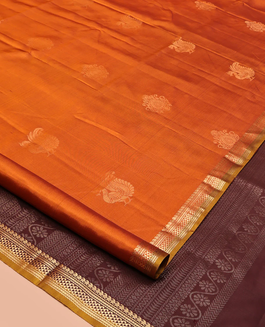 Orange Mayuri Soft Silk Saree, Accentuated with Zari Buttas All Over Its Body, Highlighted by Zari Border of Manga Mokku, and Ara Maadam Designs, and Paired with a Contrast Geometric Patterned Pallu and Paired with a Contrast Blouse - Image 2