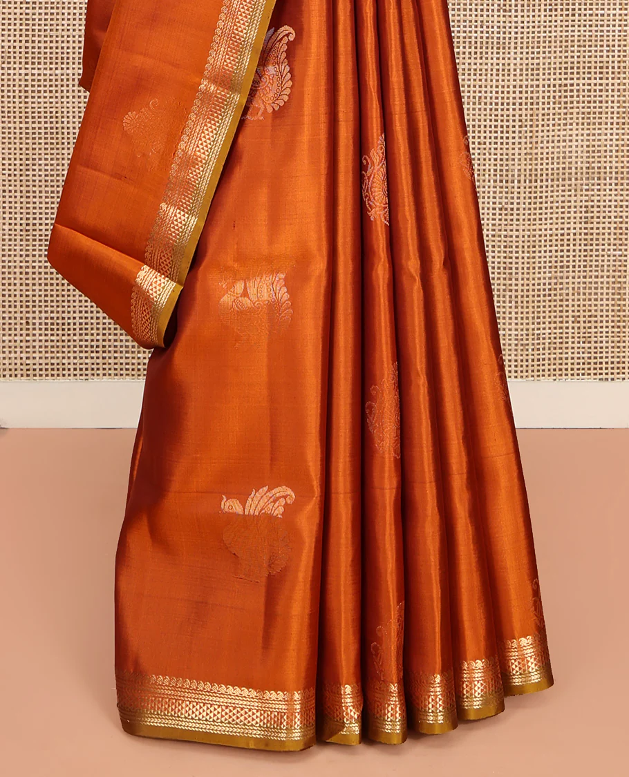 Orange Mayuri Soft Silk Saree, Accentuated with Zari Buttas All Over Its Body, Highlighted by Zari Border of Manga Mokku, and Ara Maadam Designs, and Paired with a Contrast Geometric Patterned Pallu and Paired with a Contrast Blouse - Image 4