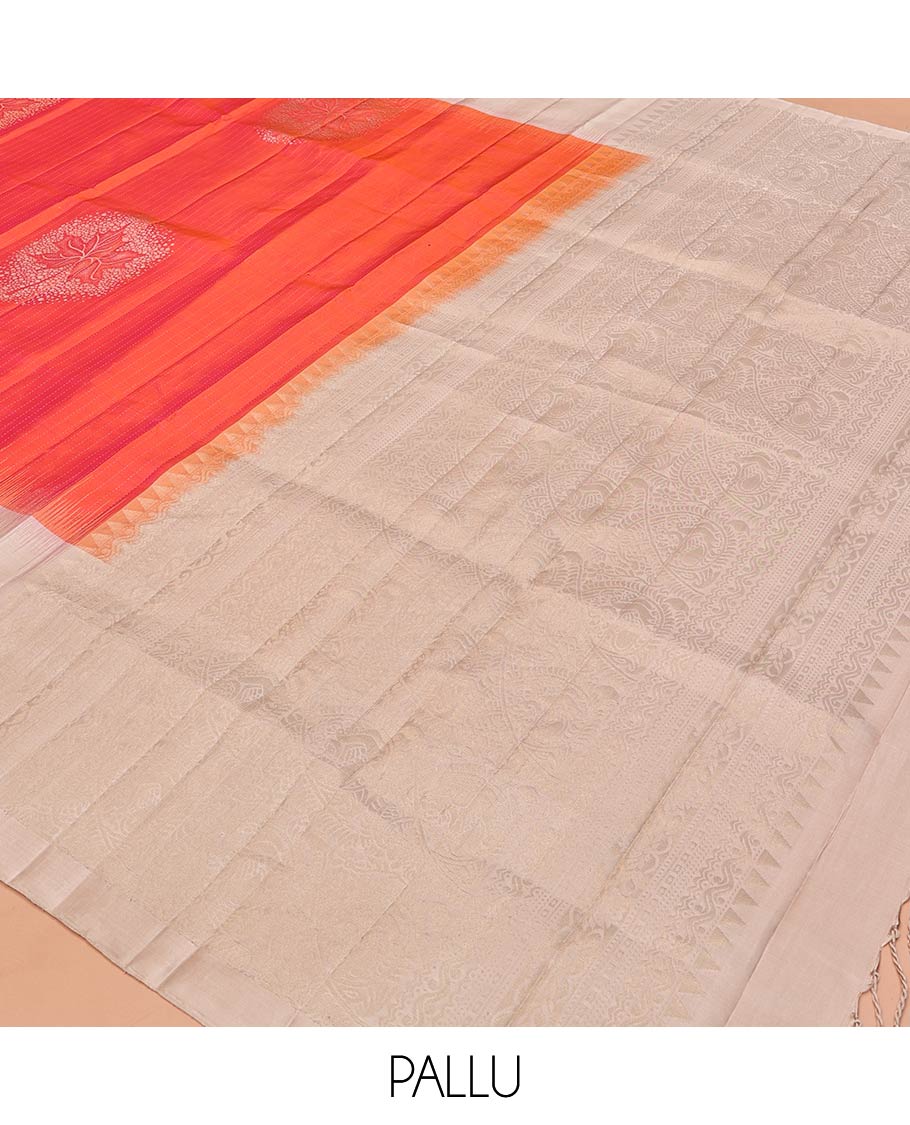 Orange Mayuri Soft Silk Saree, Enriched with Zari Buttas All Over Its Body, Complemented by Contrast Border of Zari Buttas, Intricately Designed Pallu and Paired with a Contrast Blouse - Image 5