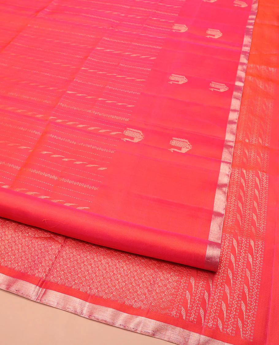 Orange Mayuri Soft Silk Saree, Mesmerized with Neli, and Muthu Designs All Over Its Body, Highlighted by Zari Border of Peacock Designs, Boldly Accentuated Jaal Pallu, and Paired with a Matching Blouse - Image 3