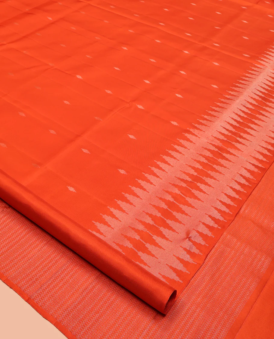 Orange Mayuri Soft Silk Saree, Subtly Sparkled with Buttas All Over Its Body, a Self-Border of Thazampoo Rekku Designs, Sparsely Woven Pallu, and Paired with a Matching Blouse - Image 2
