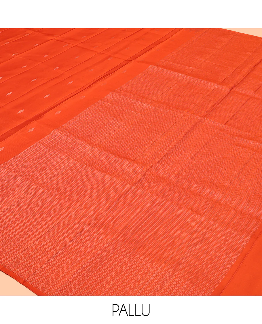 Orange Mayuri Soft Silk Saree, Subtly Sparkled with Buttas All Over Its Body, a Self-Border of Thazampoo Rekku Designs, Sparsely Woven Pallu, and Paired with a Matching Blouse - Image 5