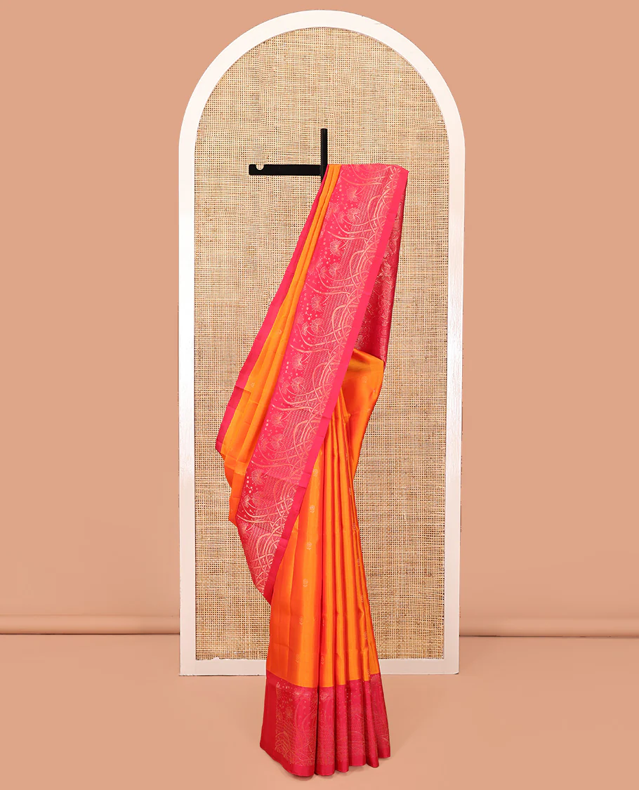 Orange Mayuri Soft Silk Saree, Woven with Buttas All Over the Body, Complemented by a Contrast Floral Design Border, Pallu Steeped with Paisleys, and Paired with a Contrast Blouse
