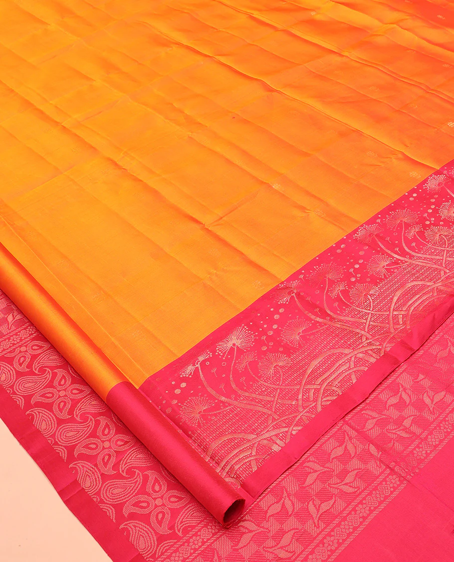 Orange Mayuri Soft Silk Saree, Woven with Buttas All Over the Body, Complemented by a Contrast Floral Design Border, Pallu Steeped with Paisleys, and Paired with a Contrast Blouse - Image 2