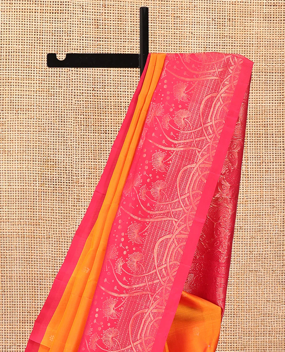 Orange Mayuri Soft Silk Saree, Woven with Buttas All Over the Body, Complemented by a Contrast Floral Design Border, Pallu Steeped with Paisleys, and Paired with a Contrast Blouse - Image 3