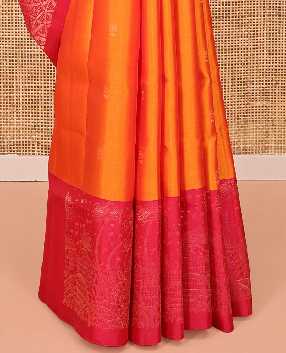 Orange Mayuri Soft Silk Saree, Woven with Buttas All Over the Body, Complemented by a Contrast Floral Design Border, Pallu Steeped with Paisleys, and Paired with a Contrast Blouse - Image 4