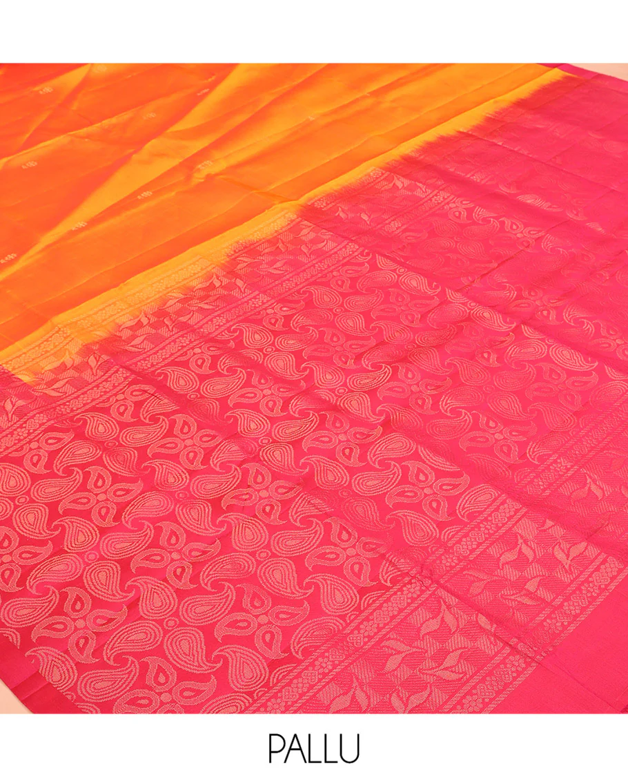 Orange Mayuri Soft Silk Saree, Woven with Buttas All Over the Body, Complemented by a Contrast Floral Design Border, Pallu Steeped with Paisleys, and Paired with a Contrast Blouse - Image 5