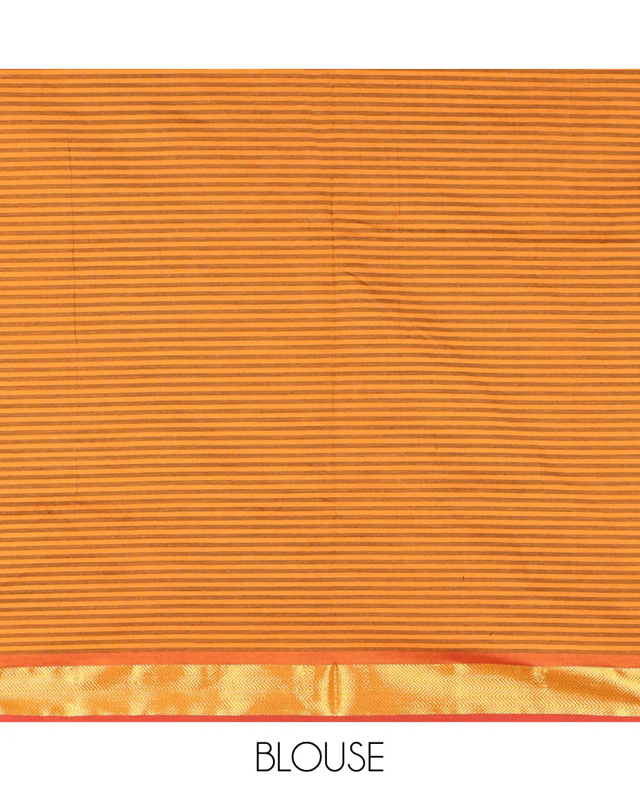 Orange Micro-Checked Poly Cotton Saree, Complemented by a Contrast Zari Border, Contrast Striped Pallu, and Paired with a Contrast Blouse - Image 3