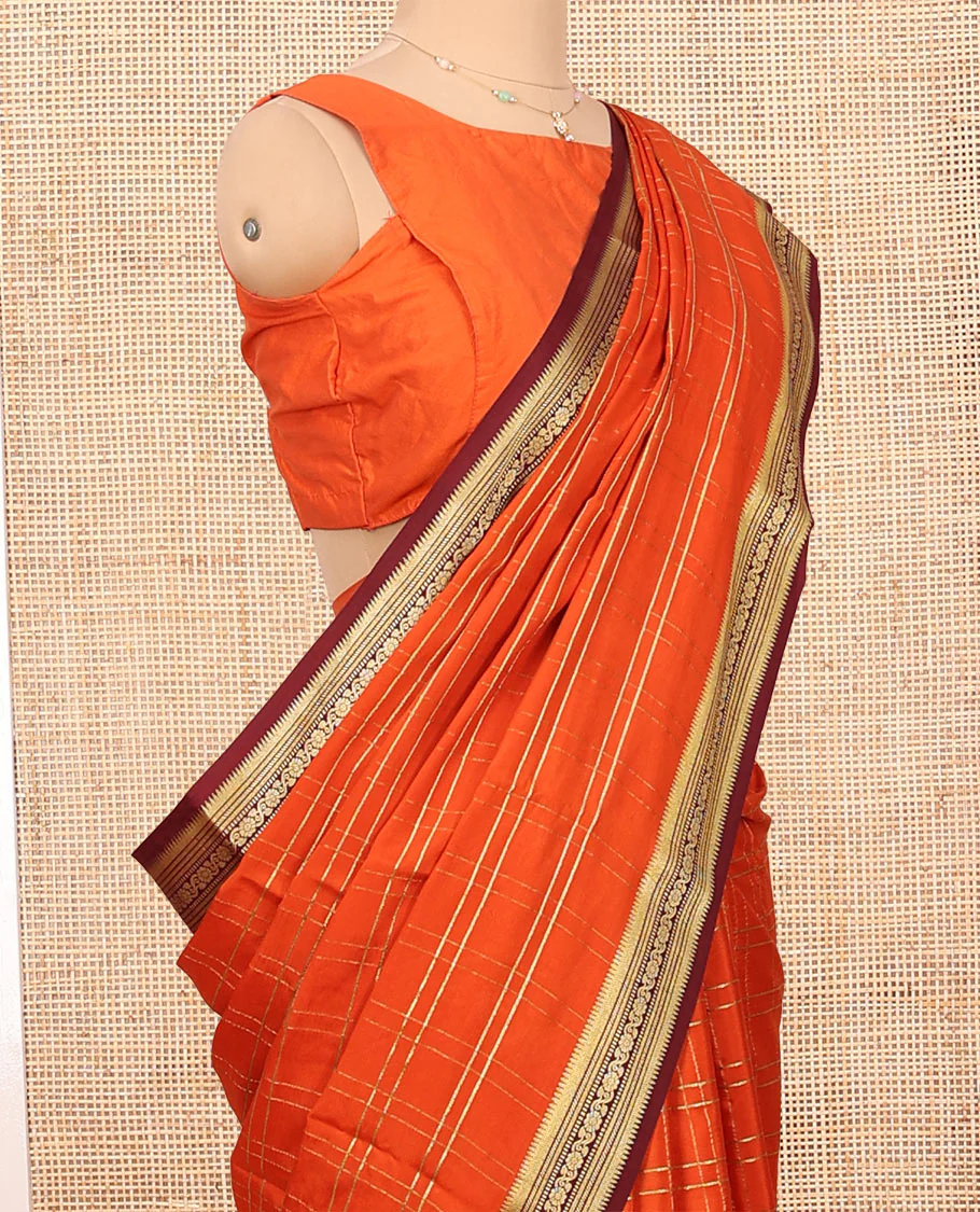 Orange Mysore Silk Saree, Adorned with Zari Checked Design on Its Body, Complemented by a Contrast Traditional Zari Design Border, Pallu Pictures Floral and Bird Designs, and Paired with a Contrast Blouse - Image 2