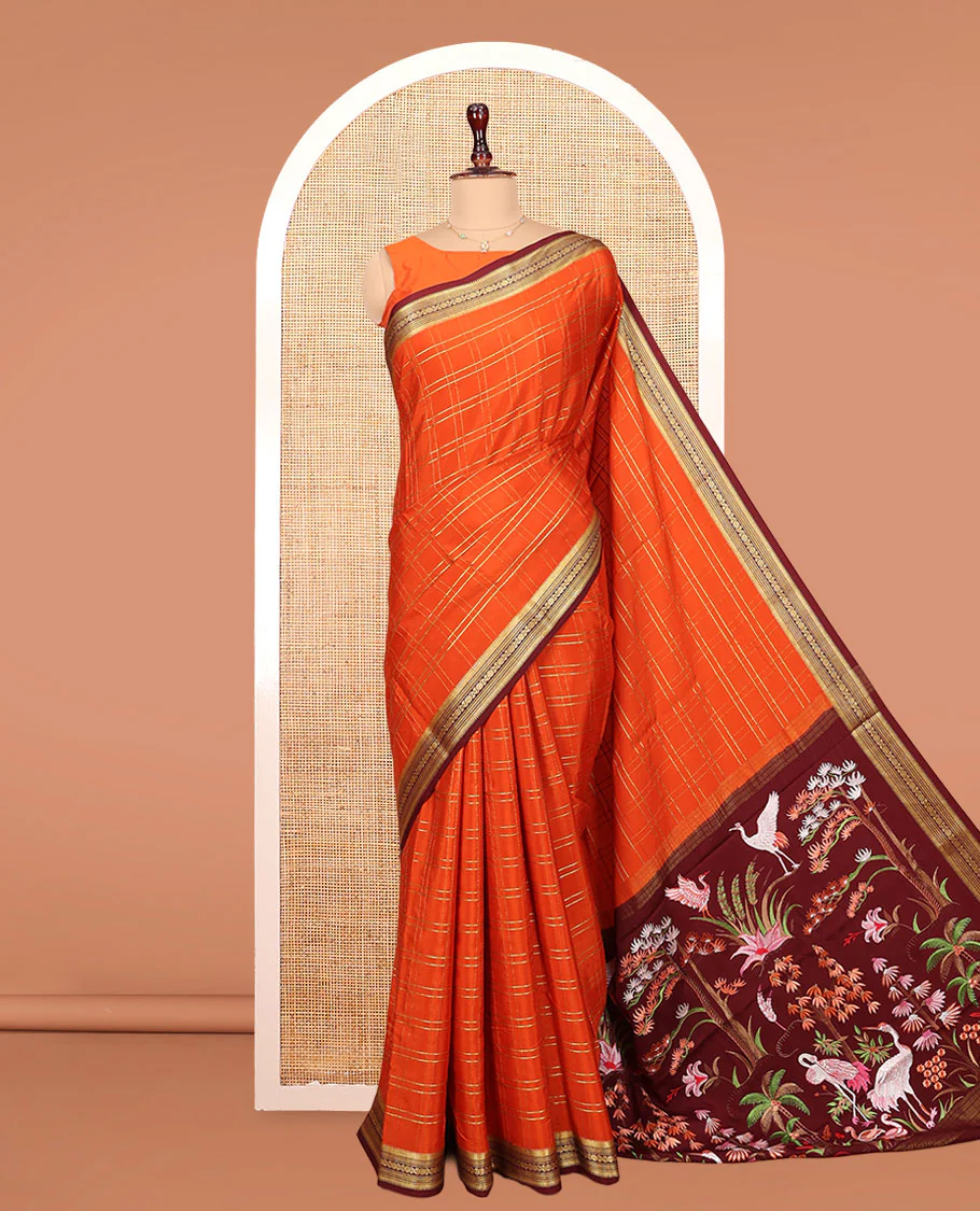 Orange Mysore Silk Saree, Adorned with Zari Checked Design on Its Body, Complemented by a Contrast Traditional Zari Design Border, Pallu Pictures Floral and Bird Designs, and Paired with a Contrast Blouse - Image 3