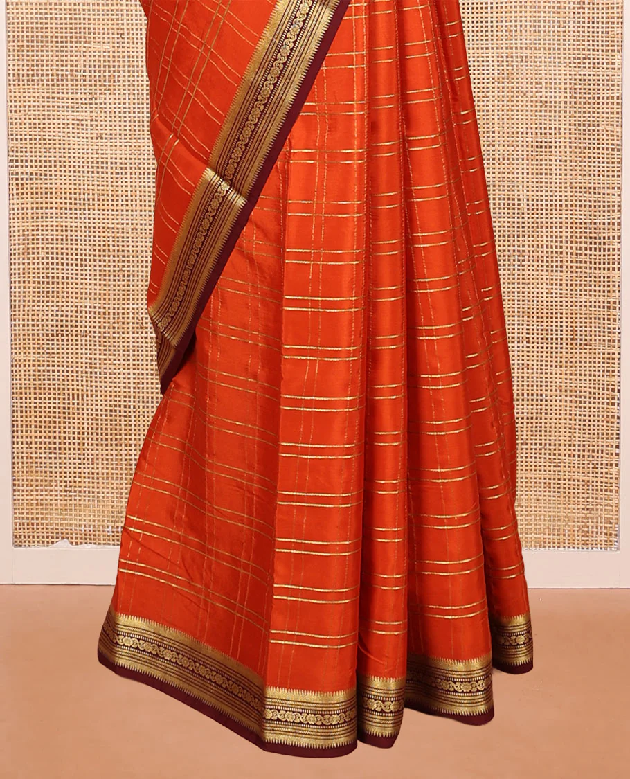 Orange Mysore Silk Saree, Adorned with Zari Checked Design on Its Body, Complemented by a Contrast Traditional Zari Design Border, Pallu Pictures Floral and Bird Designs, and Paired with a Contrast Blouse - Image 4