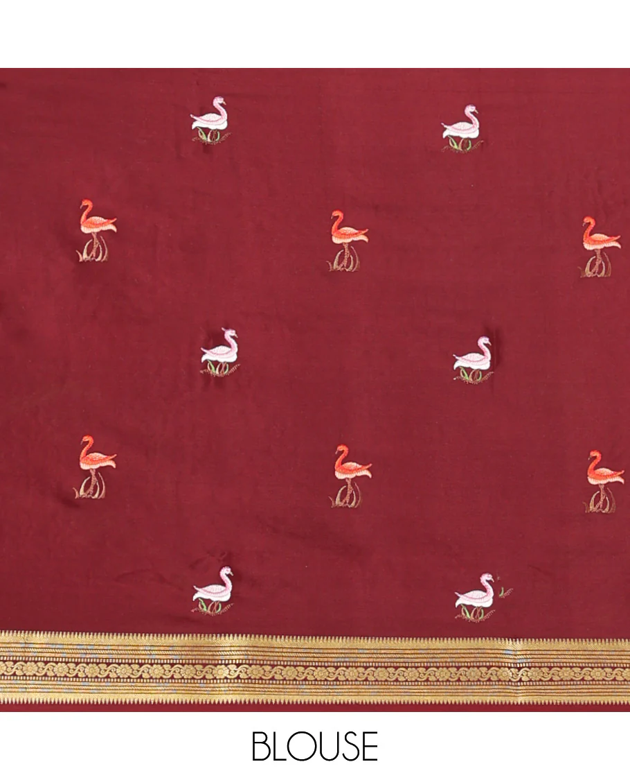Orange Mysore Silk Saree, Adorned with Zari Checked Design on Its Body, Complemented by a Contrast Traditional Zari Design Border, Pallu Pictures Floral and Bird Designs, and Paired with a Contrast Blouse - Image 5