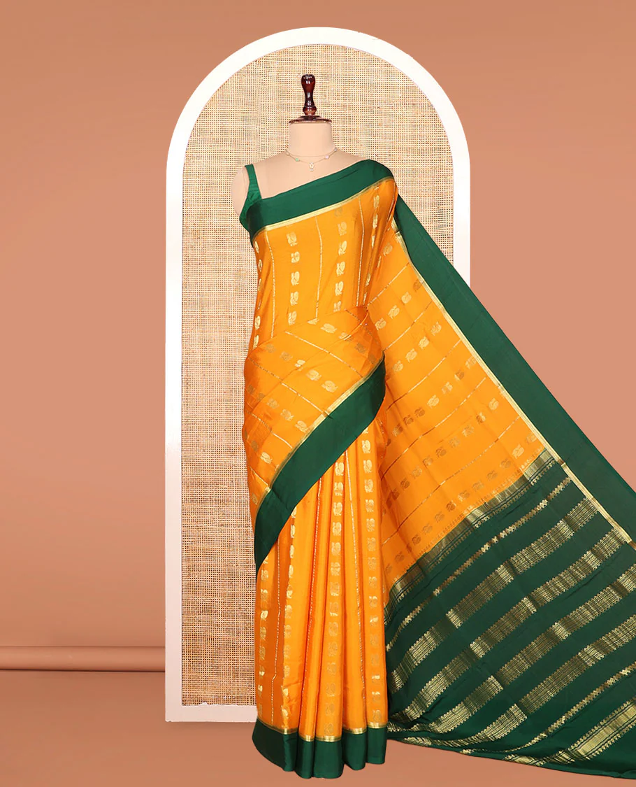 Orange Mysore Silk Saree, Embellished with Peacock Buttas and Stripes Across Its Body, Complemented by Contrast Border, Pallu Steeped with Traditional Zari Designs, and Paired with a Contrast Blouse - Image 3