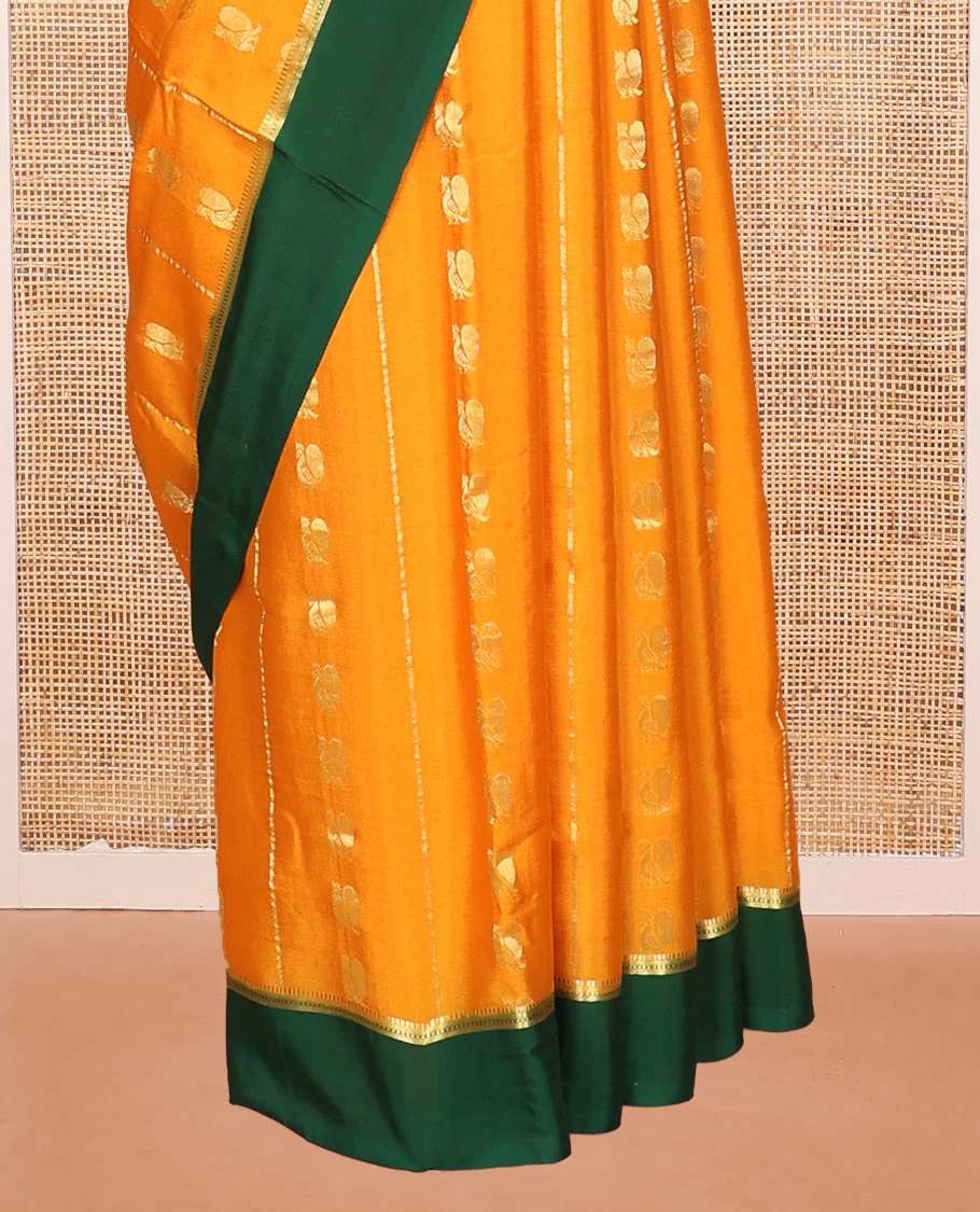 Orange Mysore Silk Saree, Embellished with Peacock Buttas and Stripes Across Its Body, Complemented by Contrast Border, Pallu Steeped with Traditional Zari Designs, and Paired with a Contrast Blouse - Image 4