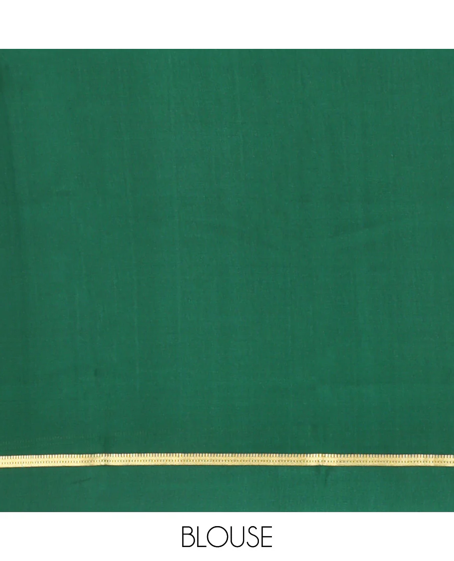 Orange Mysore Silk Saree, Embellished with Peacock Buttas and Stripes Across Its Body, Complemented by Contrast Border, Pallu Steeped with Traditional Zari Designs, and Paired with a Contrast Blouse - Image 5