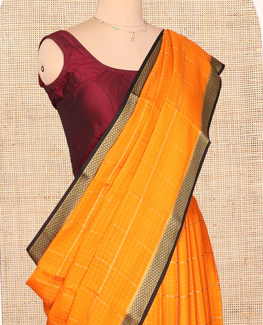 Orange Mysore Silk Saree, Enthralled with Zari Checked Design on Its Body, Complemented by a Contrast Traditional Zari Design Border, Sparsely Woven Pallu of Stripes, and Paired with a Contrast Blouse - Image 2