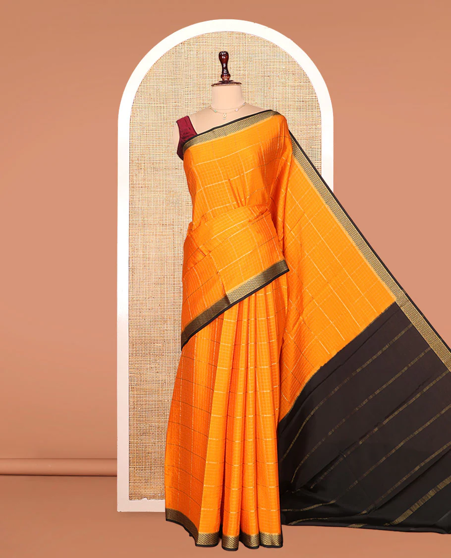 Orange Mysore Silk Saree, Enthralled with Zari Checked Design on Its Body, Complemented by a Contrast Traditional Zari Design Border, Sparsely Woven Pallu of Stripes, and Paired with a Contrast Blouse - Image 3