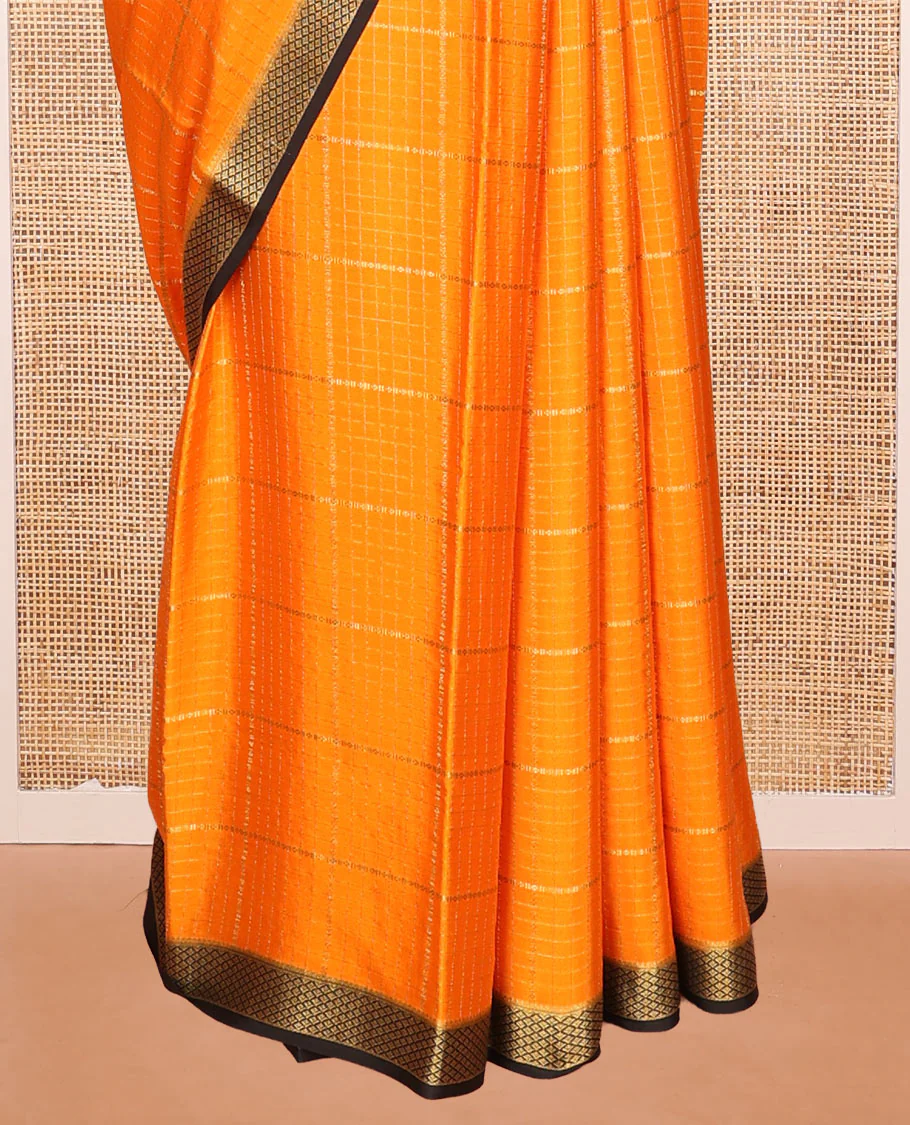 Orange Mysore Silk Saree, Enthralled with Zari Checked Design on Its Body, Complemented by a Contrast Traditional Zari Design Border, Sparsely Woven Pallu of Stripes, and Paired with a Contrast Blouse - Image 4