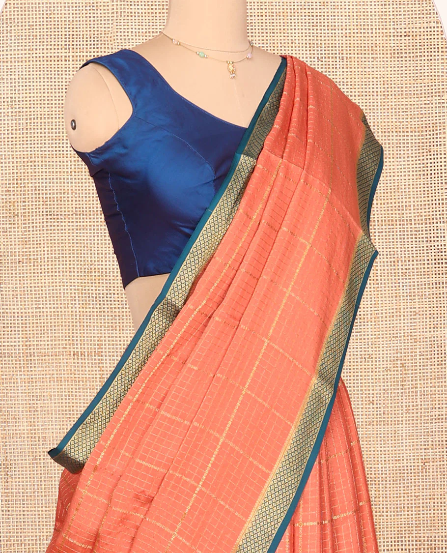 Orange Mysore Silk Saree, Gleamed Up with Zari Checked Design on Its Body, Complemented by a Contrast Traditional Zari Design Border, Sparsely Woven Pallu of Stripes, and Paired with a Contrast Blouse - Image 2