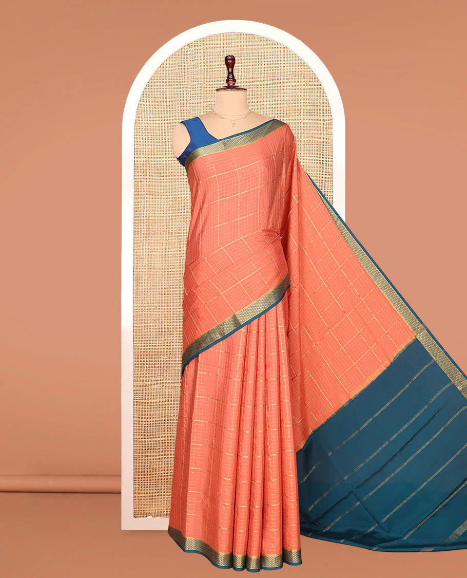Orange Mysore Silk Saree, Gleamed Up with Zari Checked Design on Its Body, Complemented by a Contrast Traditional Zari Design Border, Sparsely Woven Pallu of Stripes, and Paired with a Contrast Blouse - Image 3