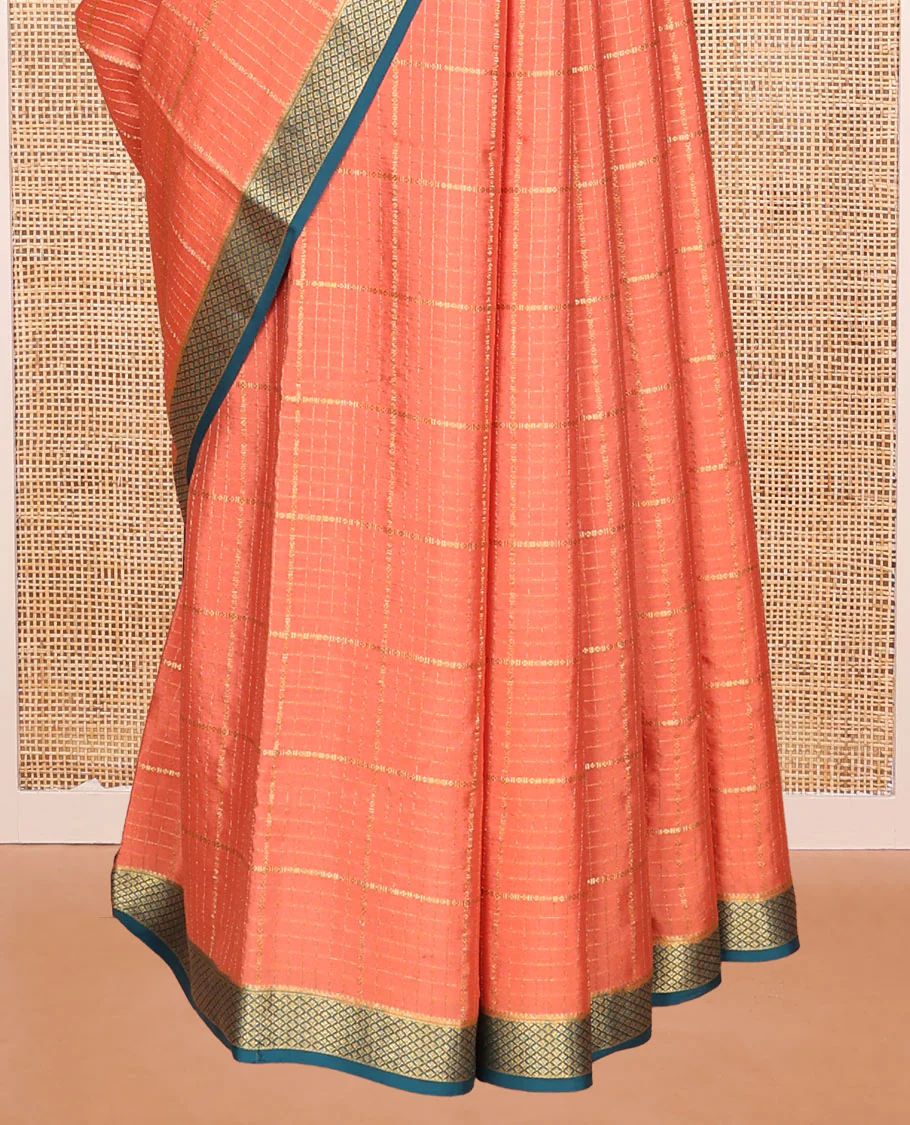 Orange Mysore Silk Saree, Gleamed Up with Zari Checked Design on Its Body, Complemented by a Contrast Traditional Zari Design Border, Sparsely Woven Pallu of Stripes, and Paired with a Contrast Blouse - Image 4