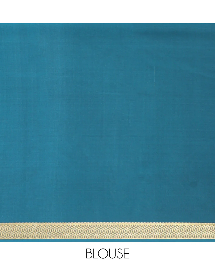 Orange Mysore Silk Saree, Gleamed Up with Zari Checked Design on Its Body, Complemented by a Contrast Traditional Zari Design Border, Sparsely Woven Pallu of Stripes, and Paired with a Contrast Blouse - Image 5