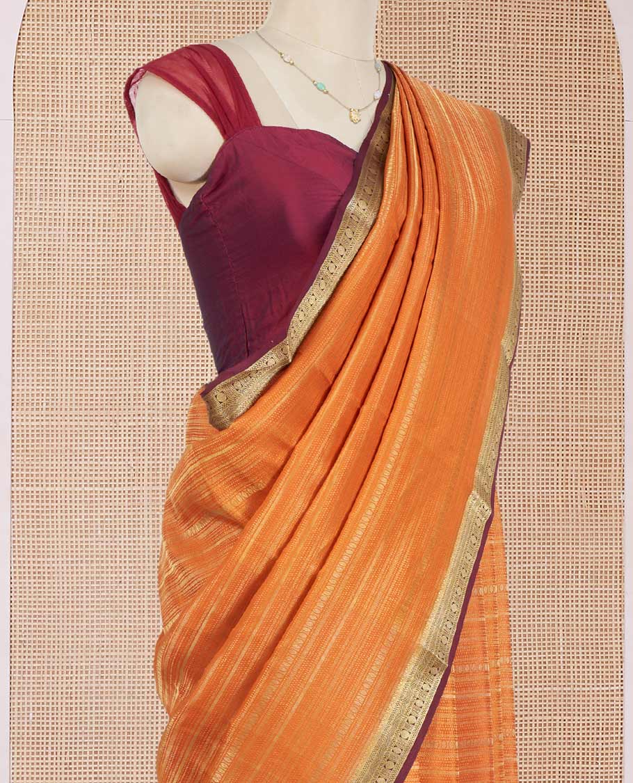 Orange Mysore Silk Saree Steeped with Geometric Zari Patterns All Over Its Body, Complemented by a Contrast Border of Traditional Zari Designs, a Grandly Woven Pallu of Jaal Design, and a Contrast Blouse - Image 3