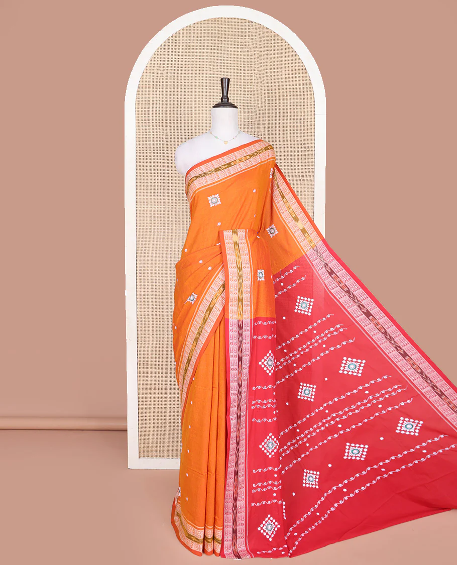 Orange Odisha Cotton Saree, Accentuated with Buttas All Over the Body, Subtle Self-Border Steeped with Fish Motifs, Captivating Contrast Pallu of Unique Designs, and Paired with a Contrast Blouse