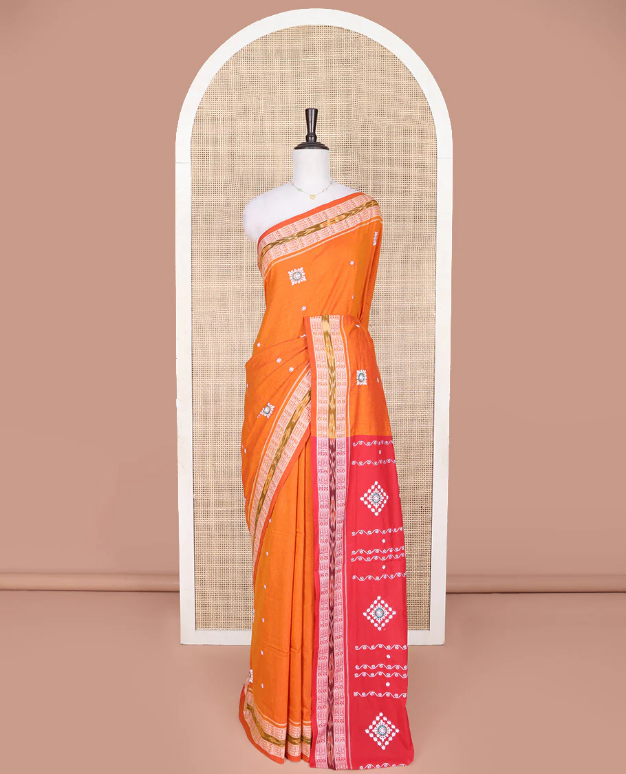 Orange Odisha Cotton Saree, Accentuated with Buttas All Over the Body, Subtle Self-Border Steeped with Fish Motifs, Captivating Contrast Pallu of Unique Designs, and Paired with a Contrast Blouse - Image 3