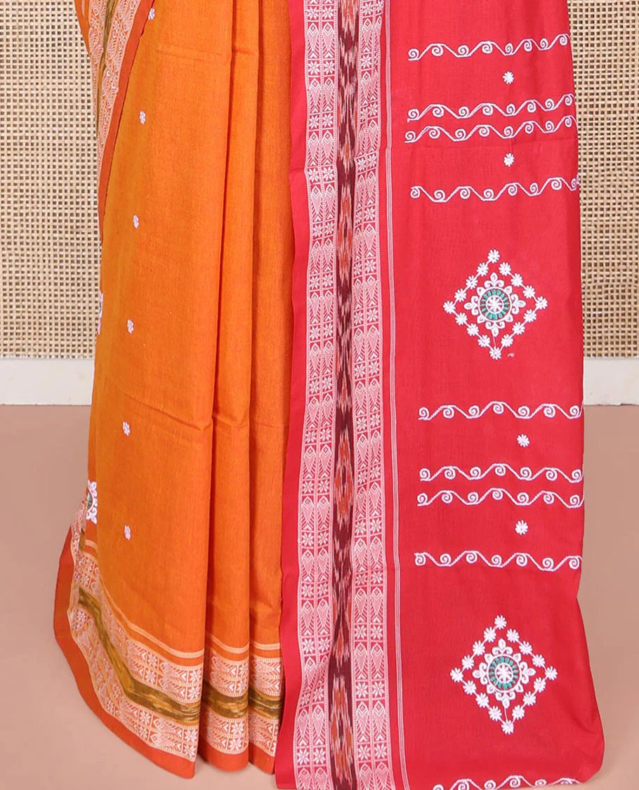 Orange Odisha Cotton Saree, Accentuated with Buttas All Over the Body, Subtle Self-Border Steeped with Fish Motifs, Captivating Contrast Pallu of Unique Designs, and Paired with a Contrast Blouse - Image 4