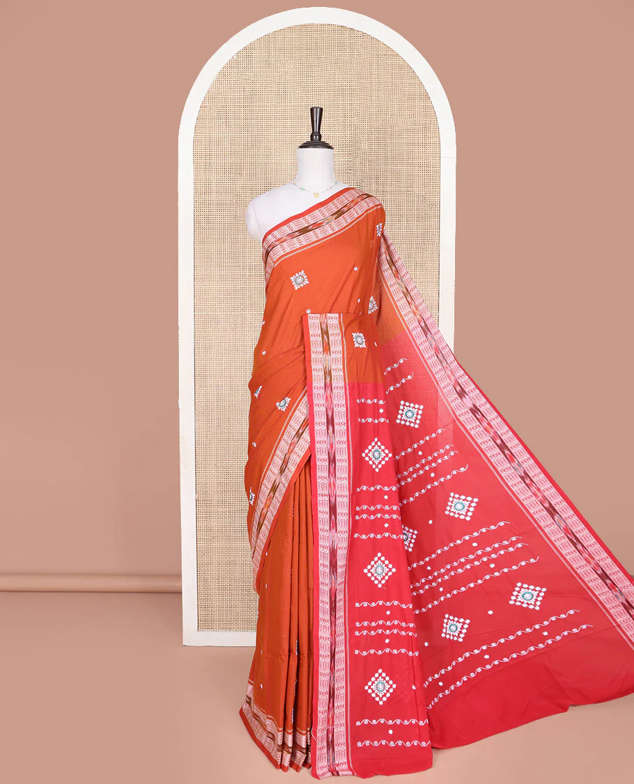 Orange Odisha Cotton Saree, Elevated with Buttas All Over the Body, Subtle Self-Border Steeped with Fish Motifs, Captivating Contrast Pallu of Unique Designs, and Paired with a Contrast Blouse