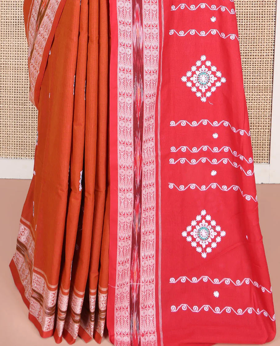 Orange Odisha Cotton Saree, Elevated with Buttas All Over the Body, Subtle Self-Border Steeped with Fish Motifs, Captivating Contrast Pallu of Unique Designs, and Paired with a Contrast Blouse - Image 4