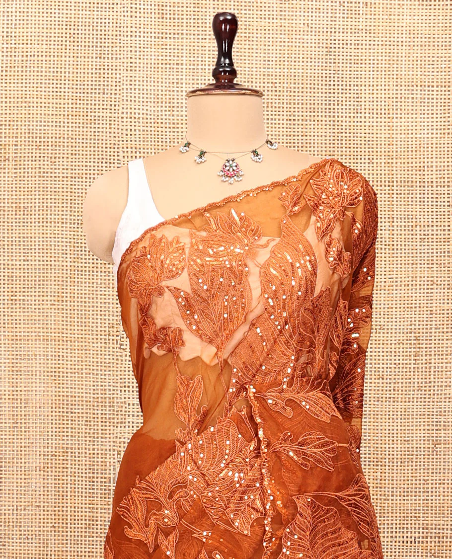 Orange Organza Saree, Gracefully Embellished with Floral Sequins-Thread Embroidery, Scallop-Embroidered Border, and a Matching Blouse - Image 2