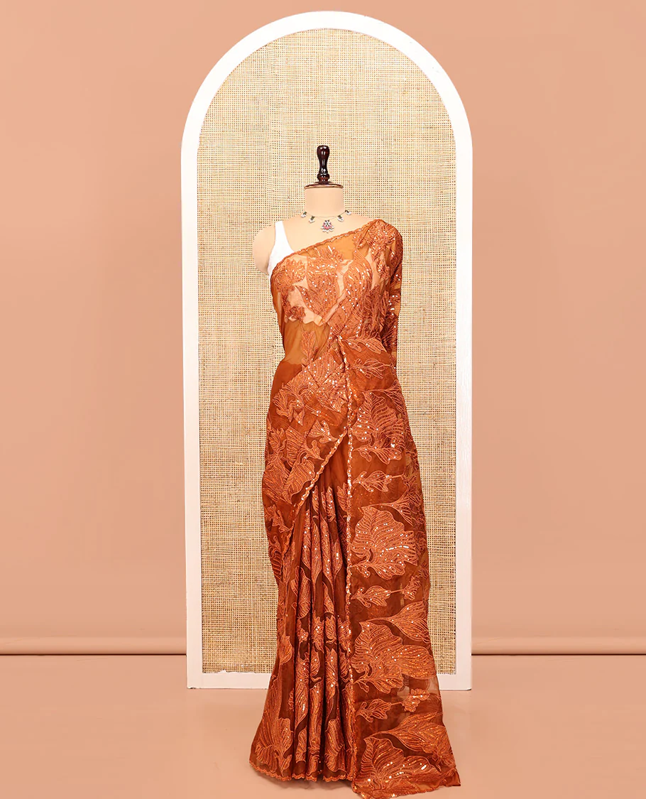 Orange Organza Saree, Gracefully Embellished with Floral Sequins-Thread Embroidery, Scallop-Embroidered Border, and a Matching Blouse - Image 3
