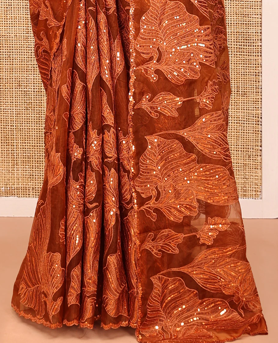 Orange Organza Saree, Gracefully Embellished with Floral Sequins-Thread Embroidery, Scallop-Embroidered Border, and a Matching Blouse - Image 4