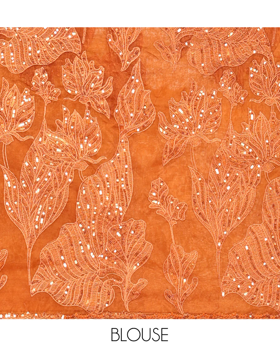 Orange Organza Saree, Gracefully Embellished with Floral Sequins-Thread Embroidery, Scallop-Embroidered Border, and a Matching Blouse - Image 5