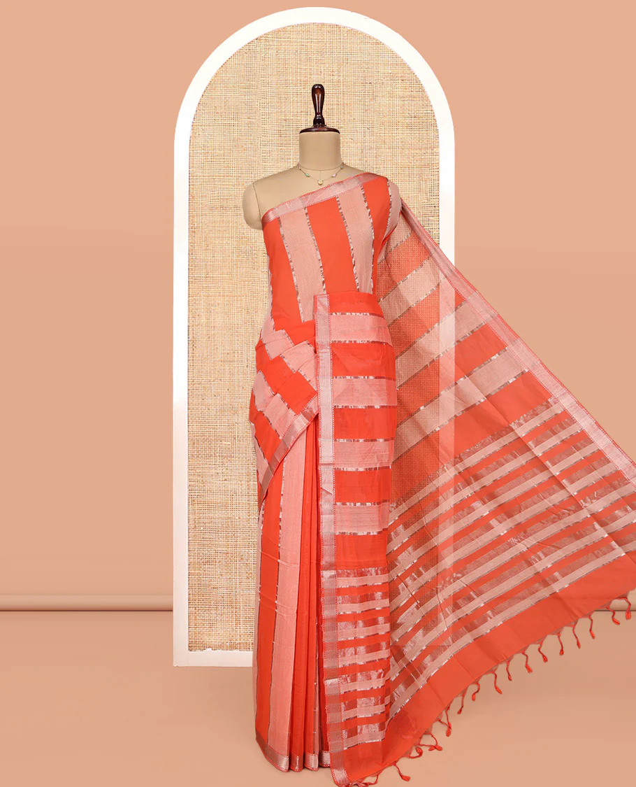 Orange-Peach Mangalgiri Cotton Saree, Gleamed Up with Stripes on Its Body, Highlighted by Zari Temple Border, Zari-Striped Pallu, and Paired with a Matching Blouse