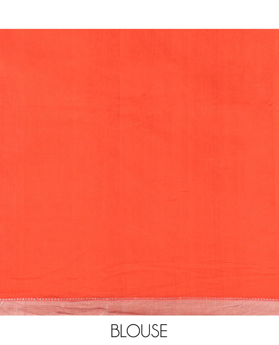 Orange-Peach Mangalgiri Cotton Saree, Gleamed Up with Stripes on Its Body, Highlighted by Zari Temple Border, Zari-Striped Pallu, and Paired with a Matching Blouse - Image 4