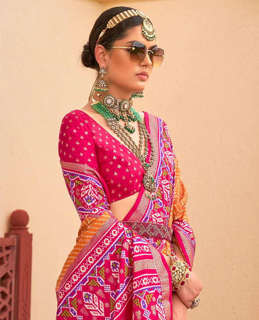 Orange-pink patola chevron striped designer catalog saree, contrast diamond ikkat border, and pallu of diamond patterns - Image 2