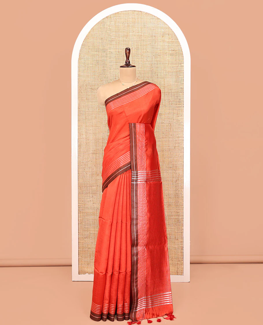 Orange Plain Banana Pith Saree, Contrast Subtly Striped Border, Pallu Steeped with Stripes, and Paired with a Matching Blouse - Image 3