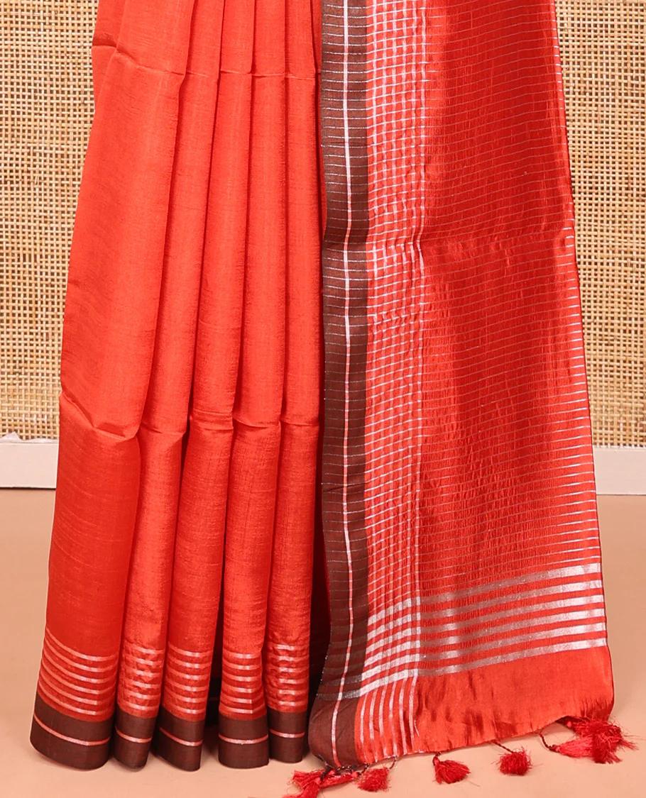 Orange Plain Banana Pith Saree, Contrast Subtly Striped Border, Pallu Steeped with Stripes, and Paired with a Matching Blouse - Image 4