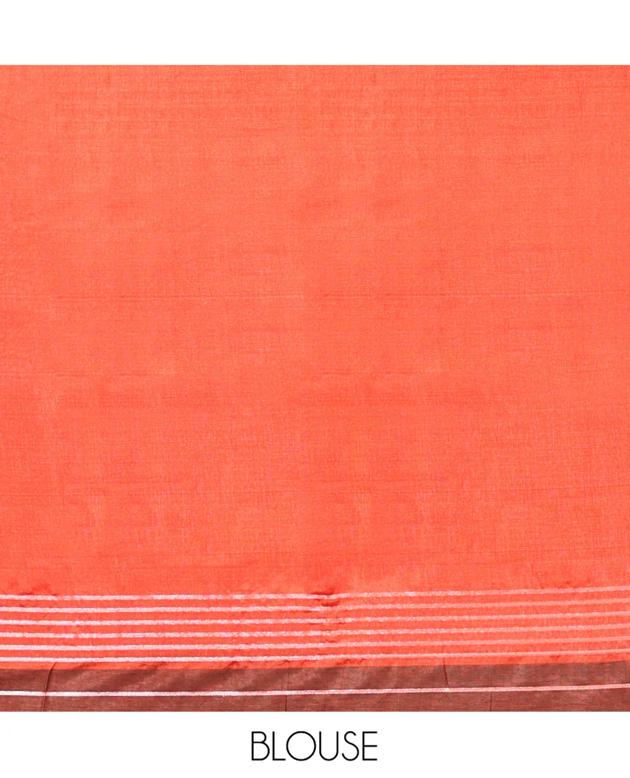 Orange Plain Banana Pith Saree, Contrast Subtly Striped Border, Pallu Steeped with Stripes, and Paired with a Matching Blouse - Image 5