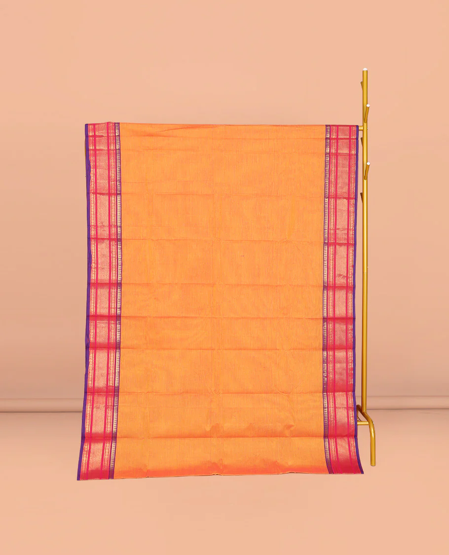 Orange Plain Chettinad Cotton Saree, Complemented by a Contrast Traditional Zari Design Woven Border, Pallu of Stripes, and Paired with a Matching Blouse